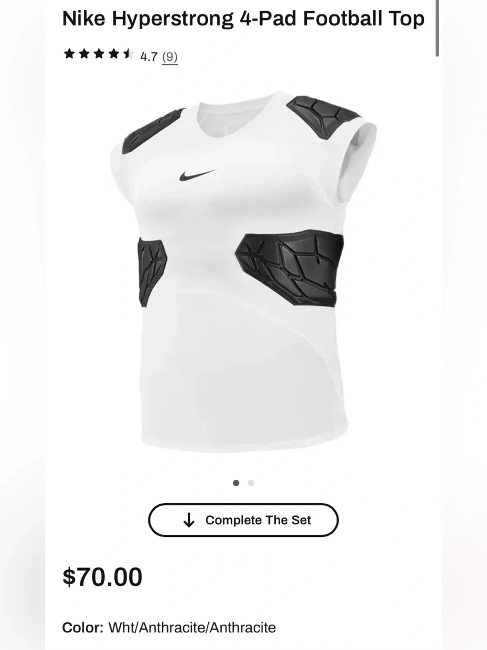Nike Kids Protective Padded Athletic Shirt in white with Black Pads
